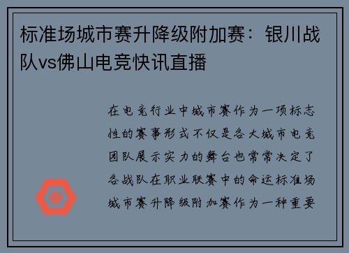 标准场城市赛升降级附加赛：银川战队vs佛山电竞快讯直播