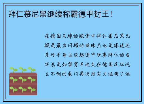 拜仁慕尼黑继续称霸德甲封王！